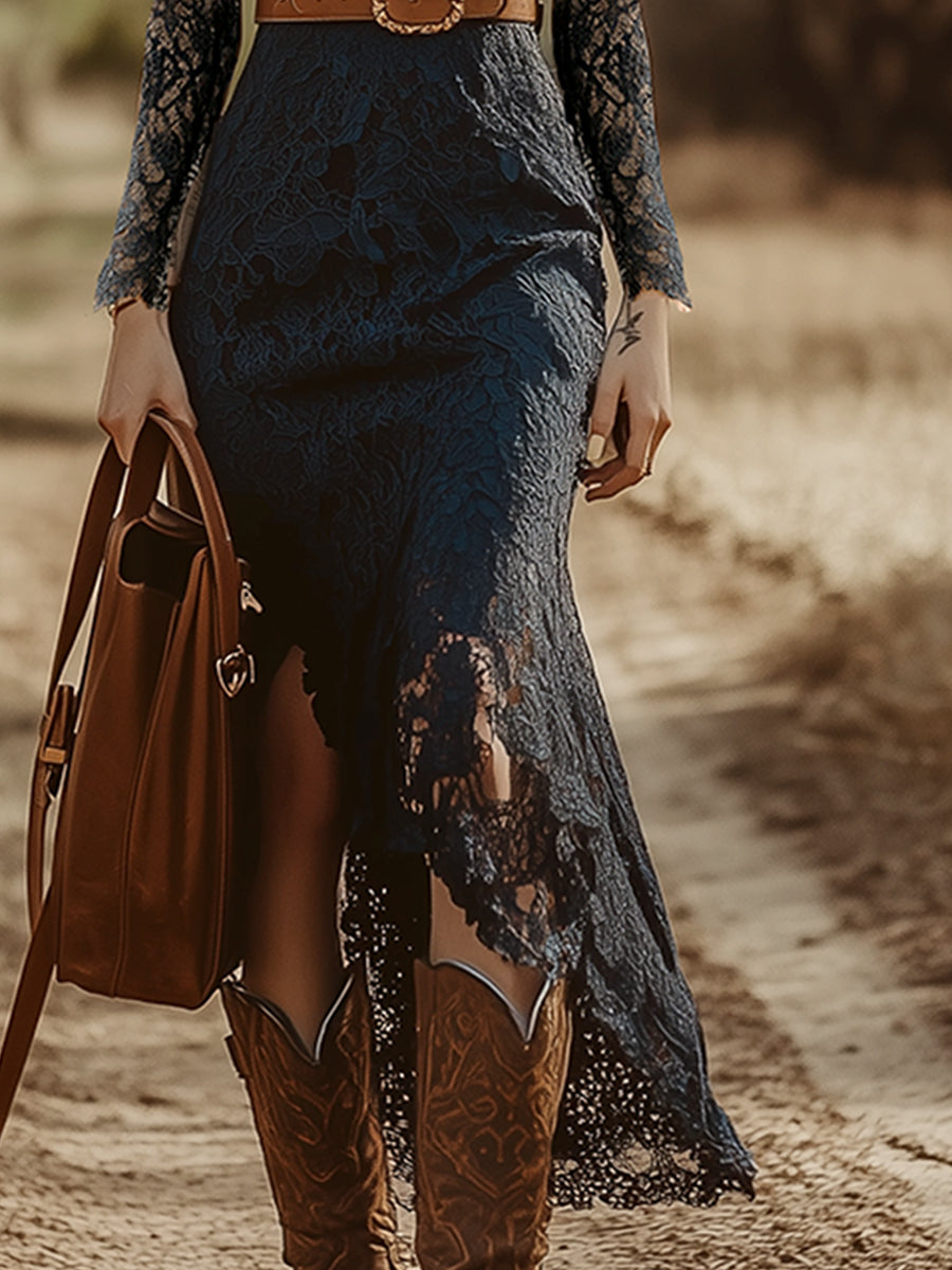 Telse - Midikleid Western im Retro-Stil aus Spitze mit V-Ausschnitt und Einsätze aus Spitze