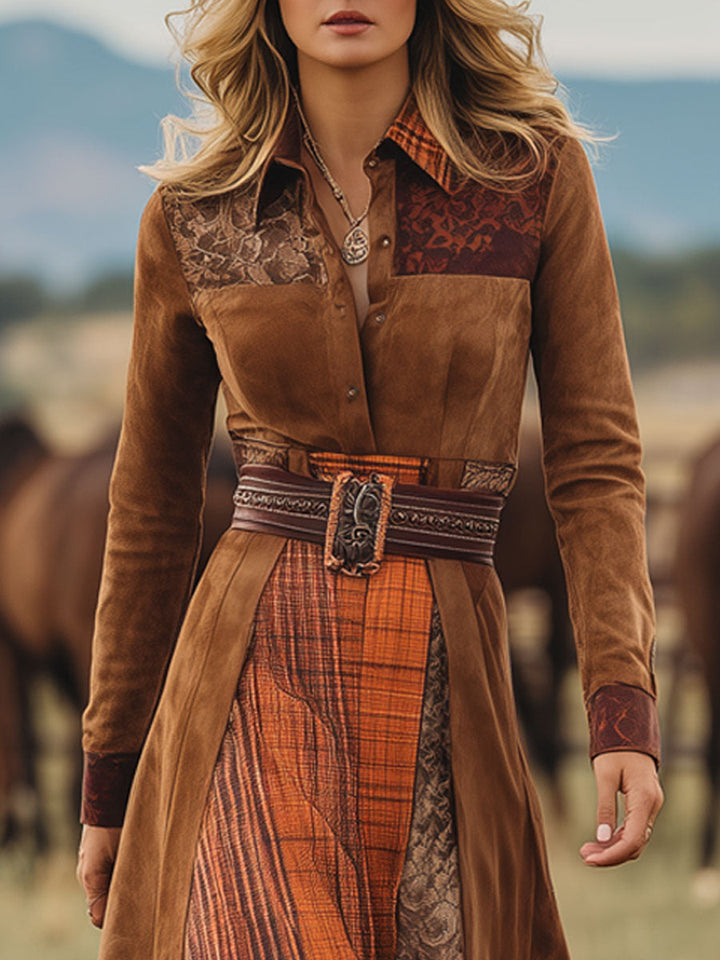 Henrietta - Maxikleid Western im Retro-Stil aus Spitze kariert mit Einsätzen aus Spitze