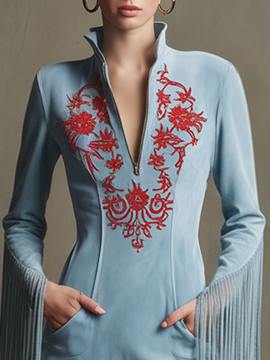 Wilma - Minikleid Western im Retro-Stil aus Kunstwildleder Blumenmuster mit Fransen und Kragen bestickt