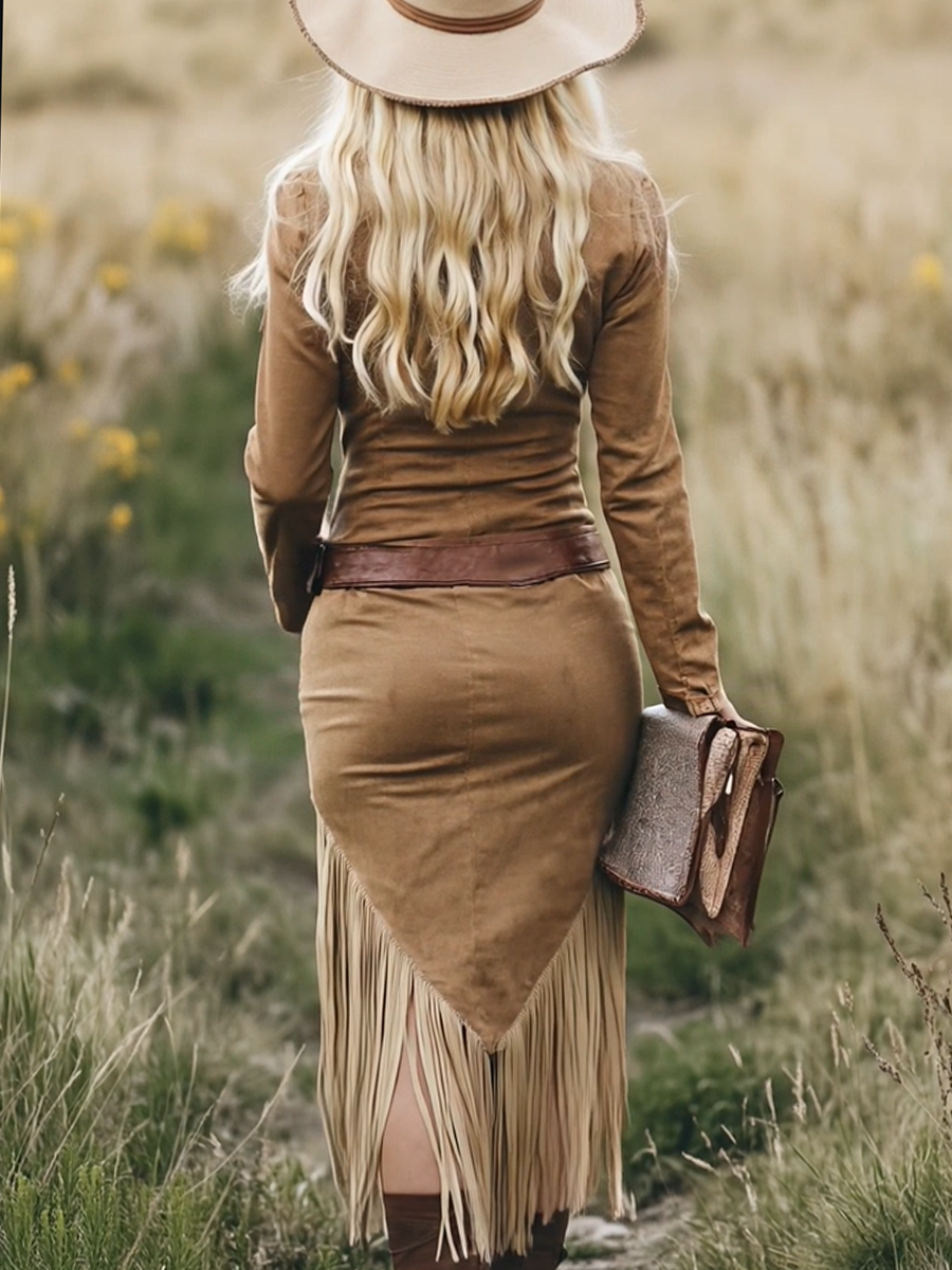 Mirella - Midikleid Western im Retro-Stil aus Kunstwildleder mit Reißverschluss und Fransen