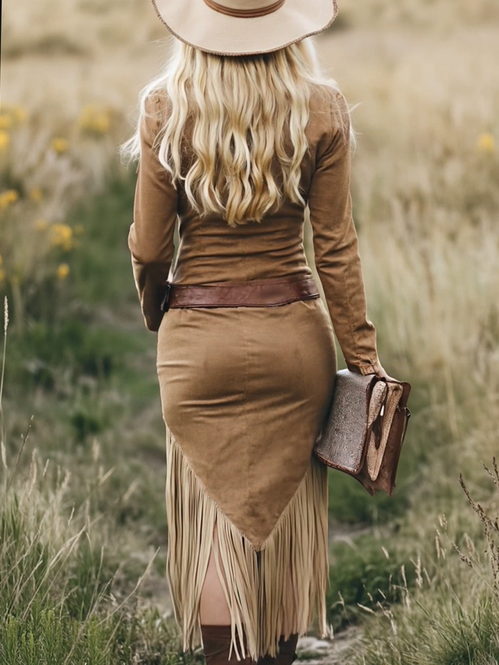 Mirella - Midikleid Western im Retro-Stil aus Kunstwildleder mit Reißverschluss und Fransen