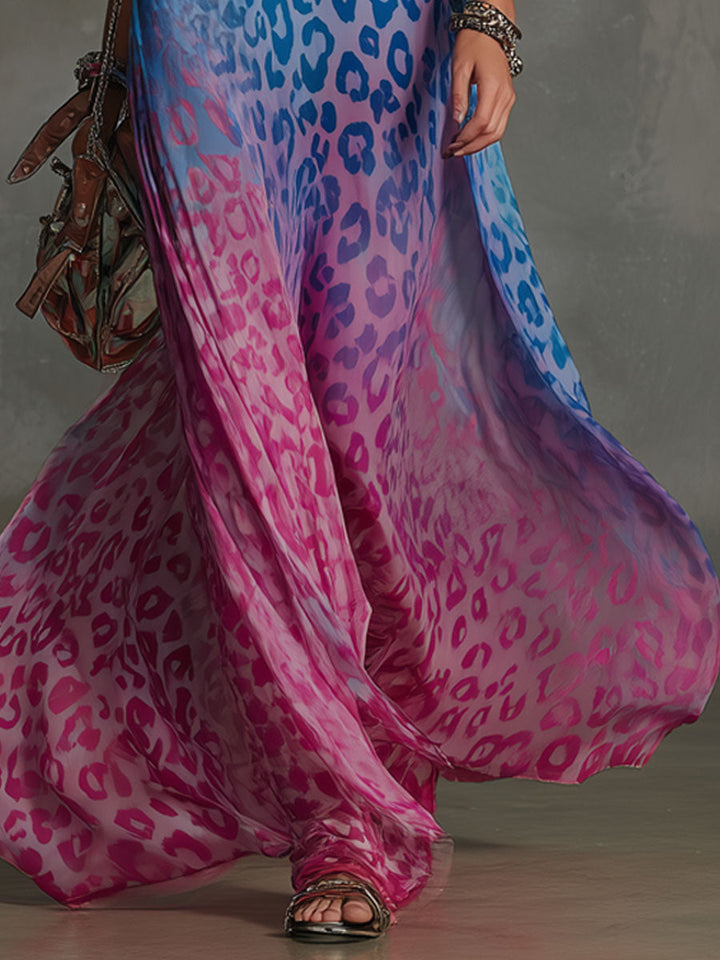 Pia - Maxikleid Western für den Urlaub aus Chiffon Leopardenmuster ärmellos