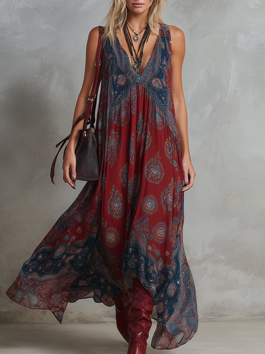 Rike - Maxikleid Western im Retro-Stil aus Chiffon abstrakt ärmellos