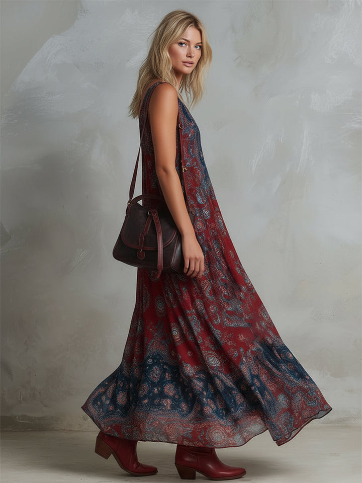 Rike - Maxikleid Western im Retro-Stil aus Chiffon abstrakt ärmellos