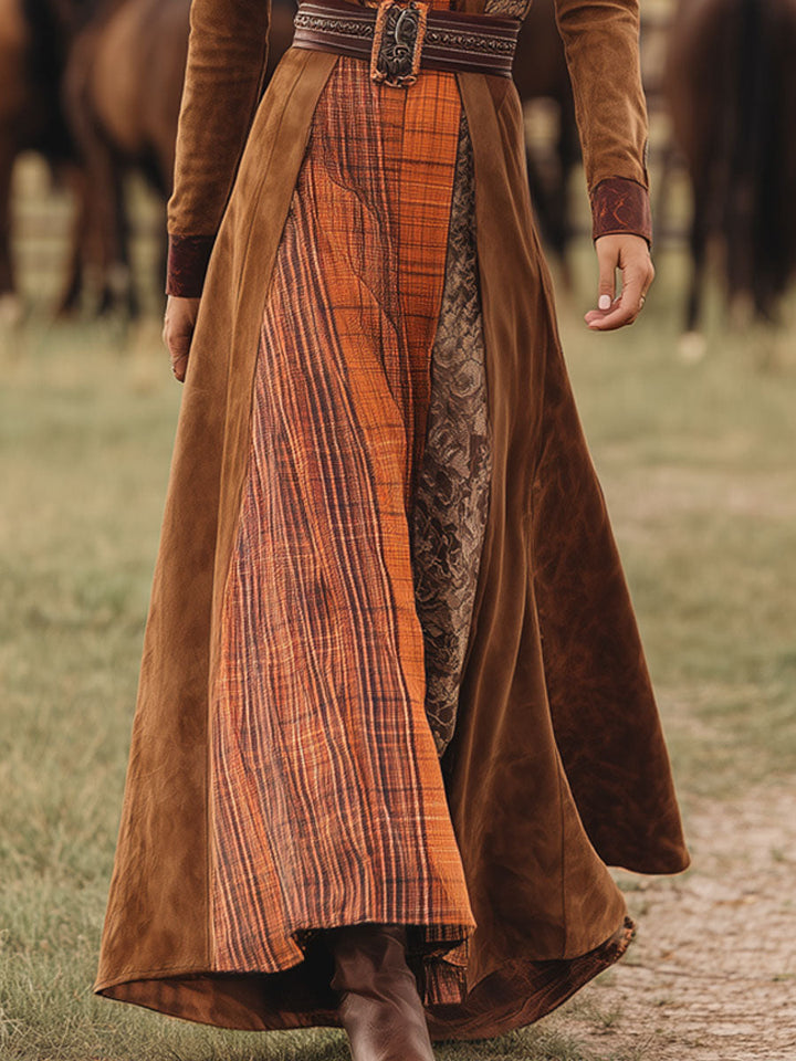 Henrietta - Maxikleid Western im Retro-Stil aus Spitze kariert mit Einsätzen aus Spitze