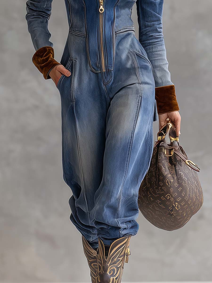 Sofia - Overall lässig Retro aus Jeansstoff im Farbblock-Design mit Reißverschluss und V-Ausschnitt