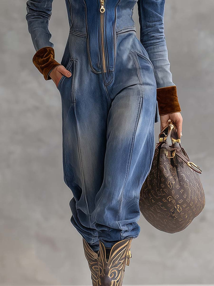 Sofia - Overall lässig Retro aus Jeansstoff im Farbblock-Design mit Reißverschluss und V-Ausschnitt