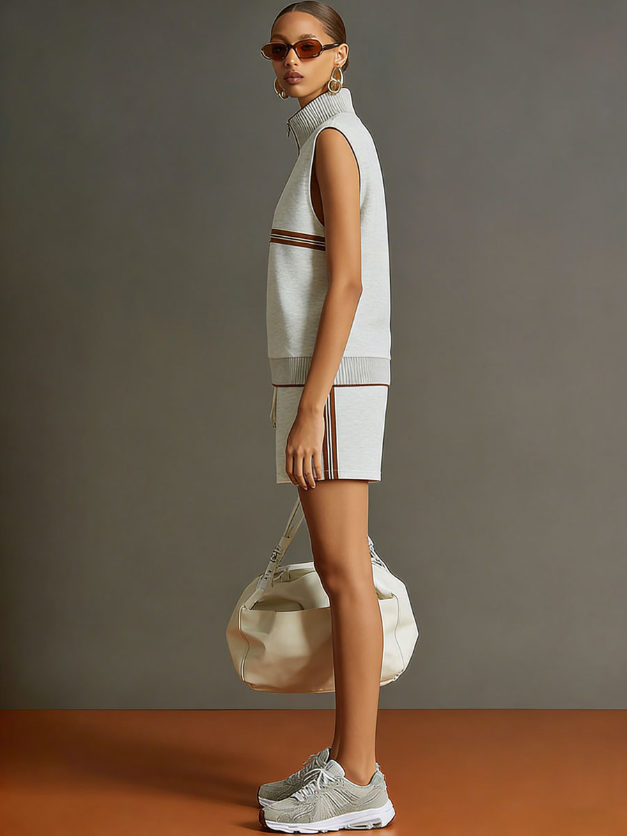 Melina - Ensemble mit shorts sportlich im Retro-Stil aus technischem Gewebe gestreift mit Reißverschluss und Kragen ärmellos