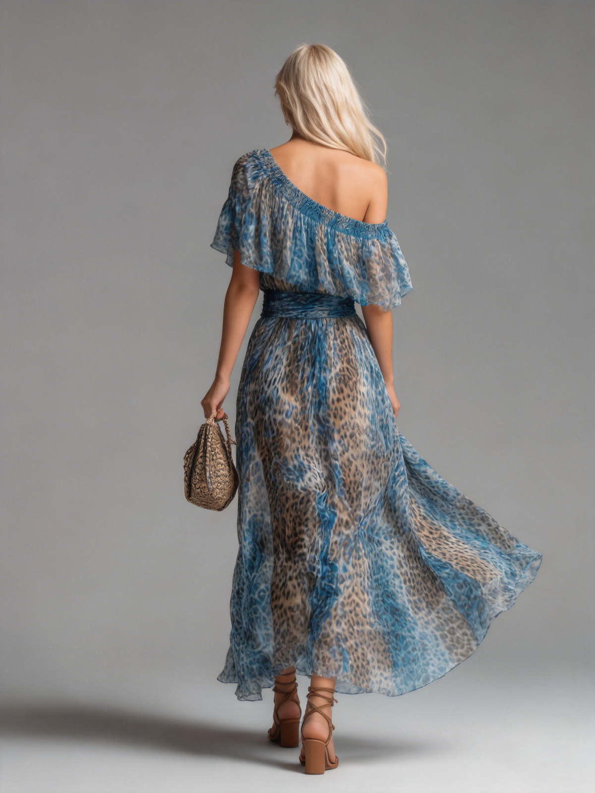 Ulrike - Elegantes Maxikleid für den Urlaub aus Chiffon Leopardenmuster schulterfrei
