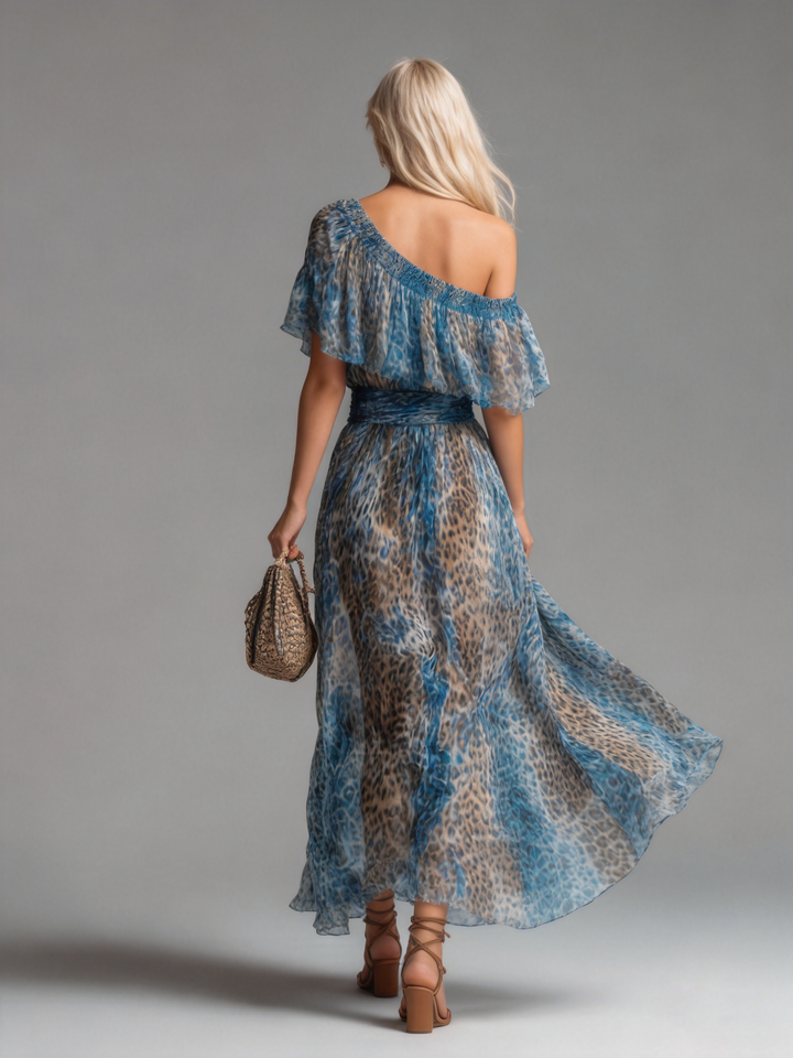 Ulrike - Elegantes Maxikleid für den Urlaub aus Chiffon Leopardenmuster schulterfrei