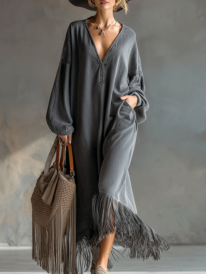 Noemi - Elegantes Maxikleid Western aus Jeansstoff mit Fransen und V-Ausschnitt