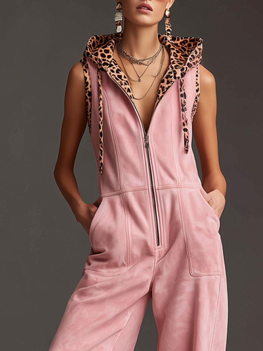 Marga - Overall Western im Retro-Stil aus Kunstwildleder Leopardenmuster mit Reißverschluss und Kapuze ärmellos