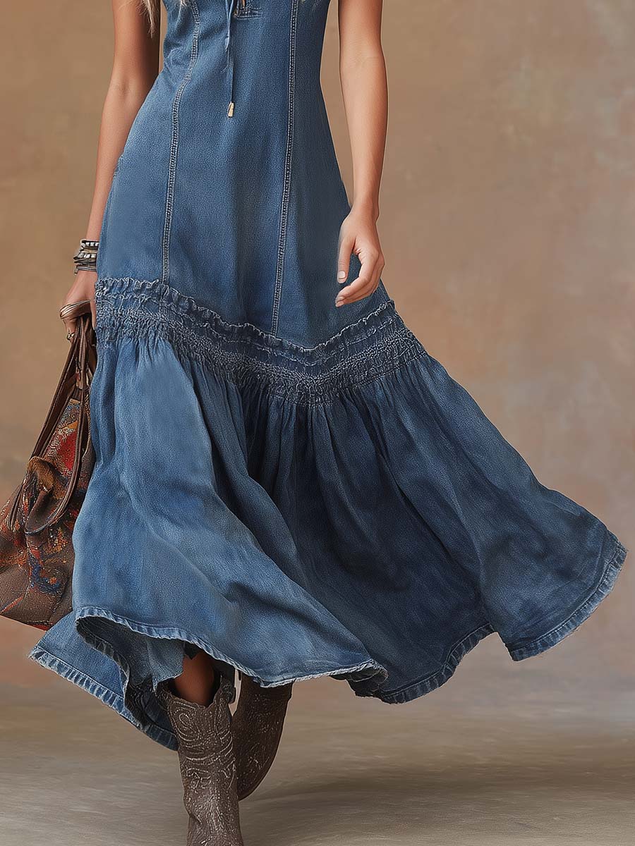 Elli - Elegantes Maxikleid Retro aus Jeansstoff ärmellos