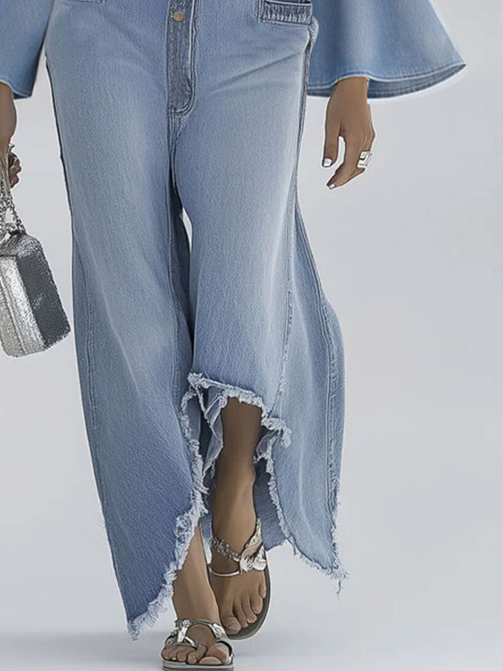 Annemarie - Overall lässig Retro aus Jeansstoff mit V-Ausschnitt und offener Kante