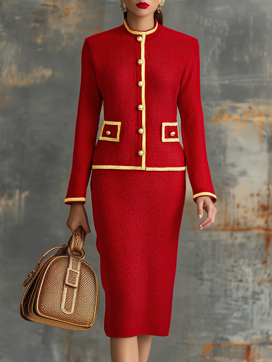 Agnes - Elegantes Rock-Ensemble im Retro-Stil aus Strick gestreift mit Linie feminin