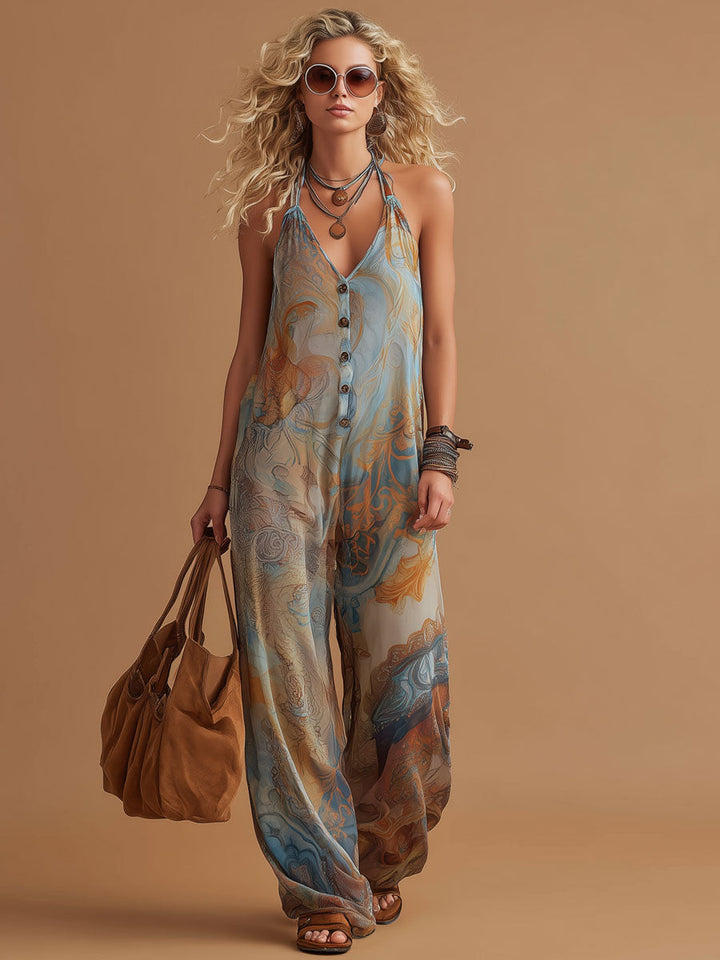 Aurelia - Overall Western im Retro-Stil aus Chiffon abstrakt mit V-Ausschnitt und ärmellosem Schnitt