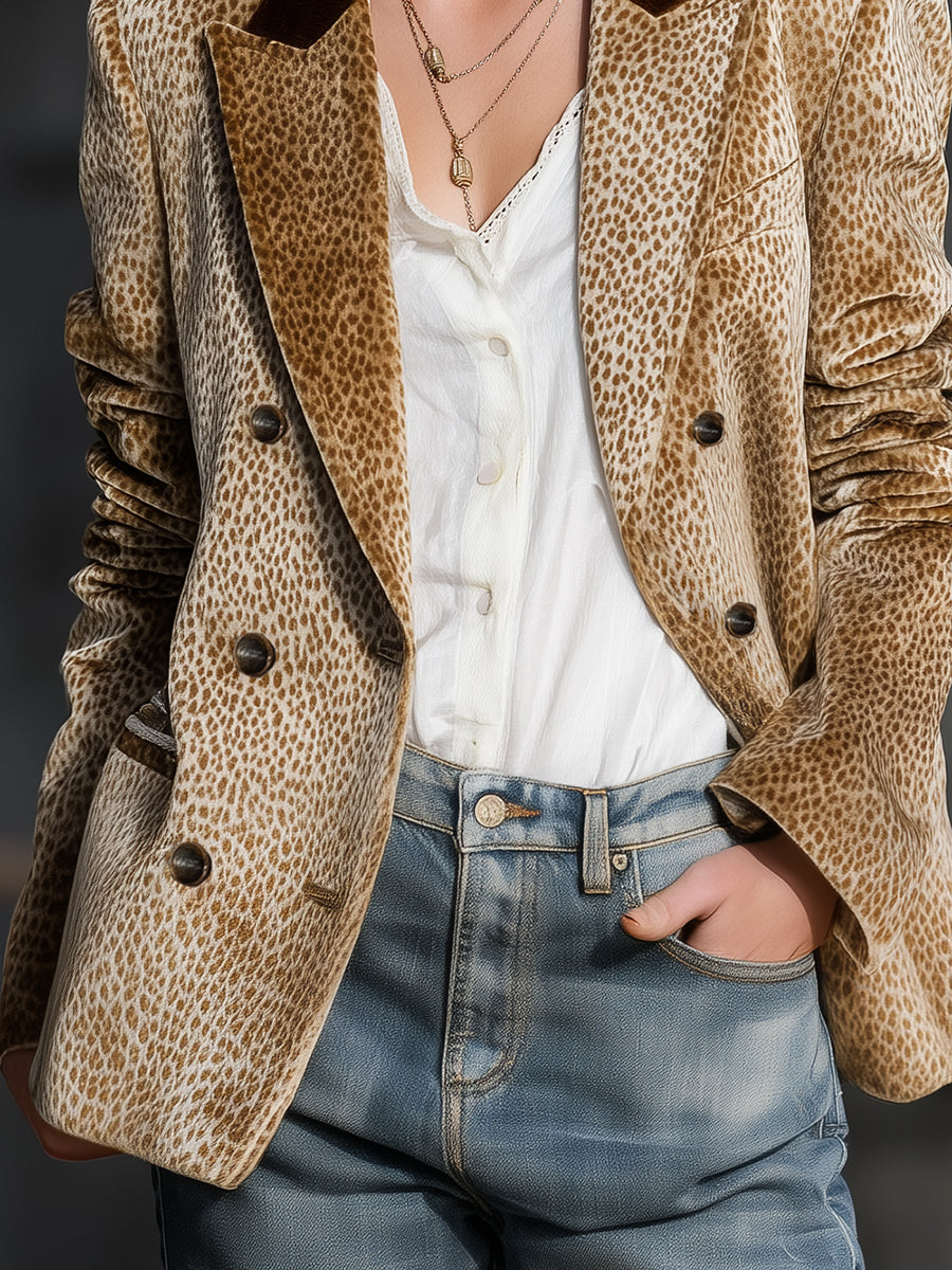 Rosina - Jacke Western im Retro-Stil aus Samt Leopardenmuster mit Kragen und V-Ausschnitt