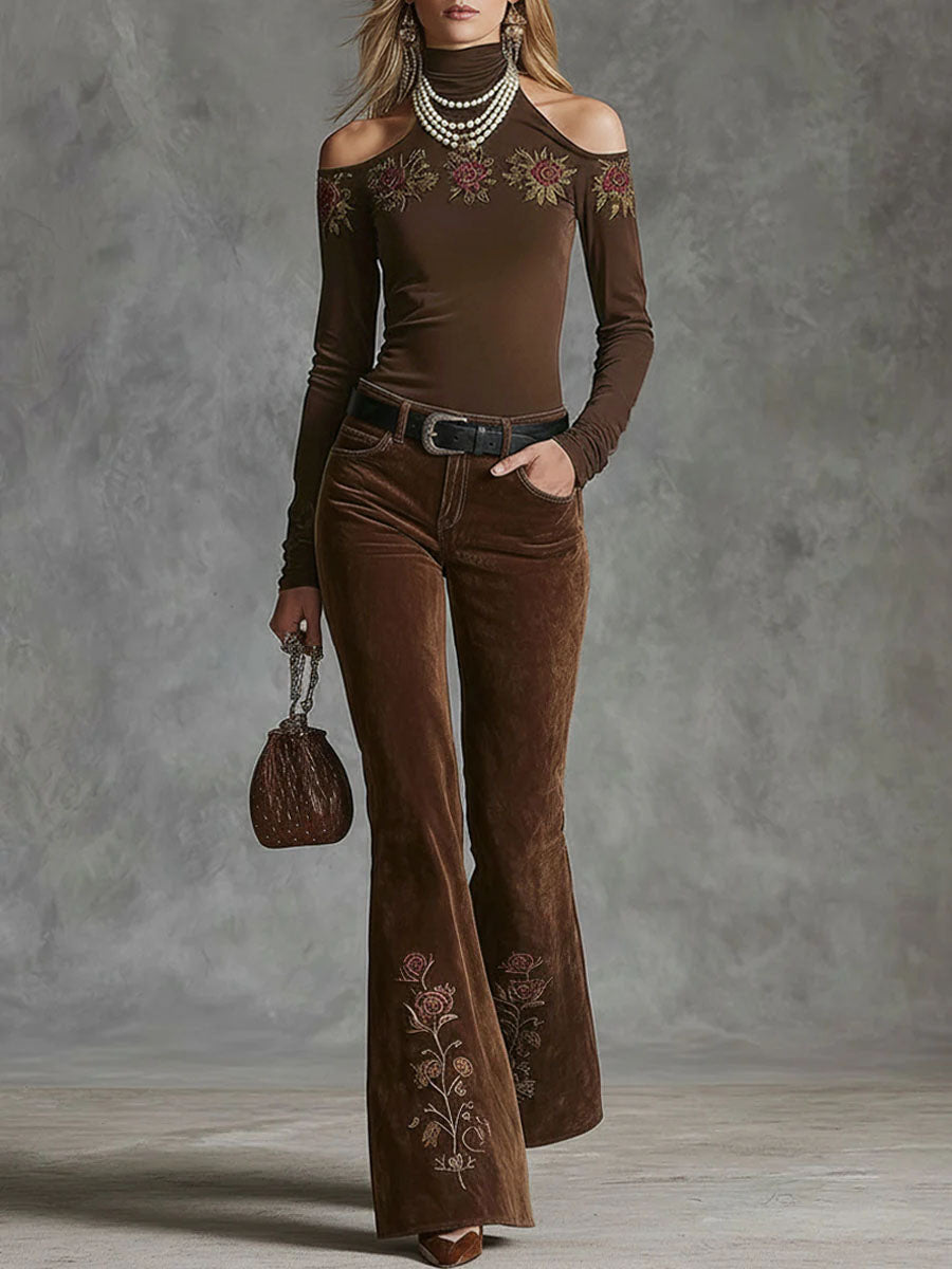 Marion - Bluse Western für den Alltag aus Leinen Blumenmuster schulterfrei bestickt