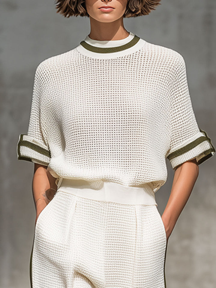 Tanja - Ensemble mit shorts Retro für den Alltag aus Strick gestreift mit Einsätzen und durchbrochenen Details