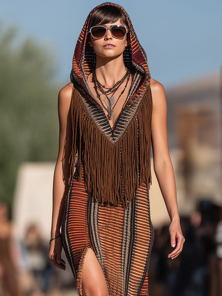 Selma - Maxikleid Western im Retro-Stil aus Strick gestreift mit Fransen und V-Ausschnitt und ärmellosem Schnitt