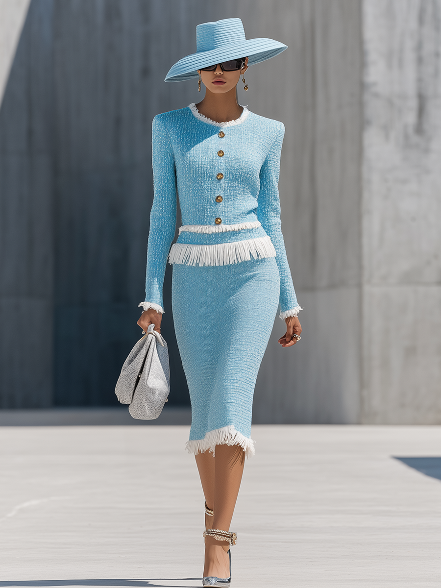 Sieglinde - Elegantes Rock-Ensemble im Retro-Stil aus Strick im Farbblock-Design mit Fransen und Knöpfen