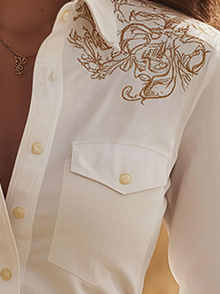 Mareike - Bluse Western im Retro-Stil aus Jeansstoff mit Kragen bestickt