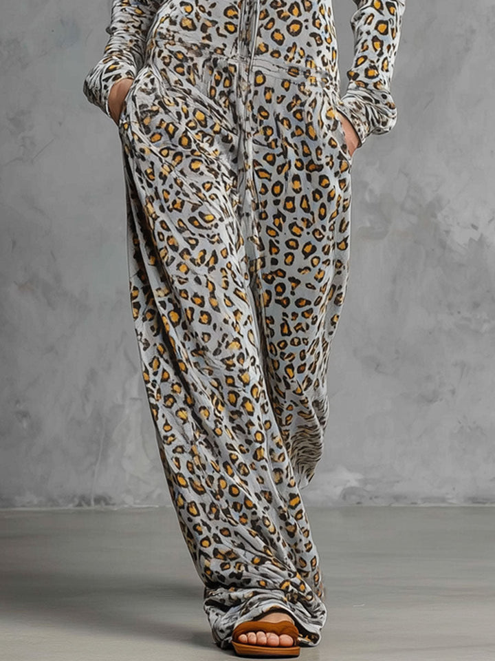 Margitta - Overall lässig Retro aus Samt Leopardenmuster mit V-Ausschnitt und Kapuze