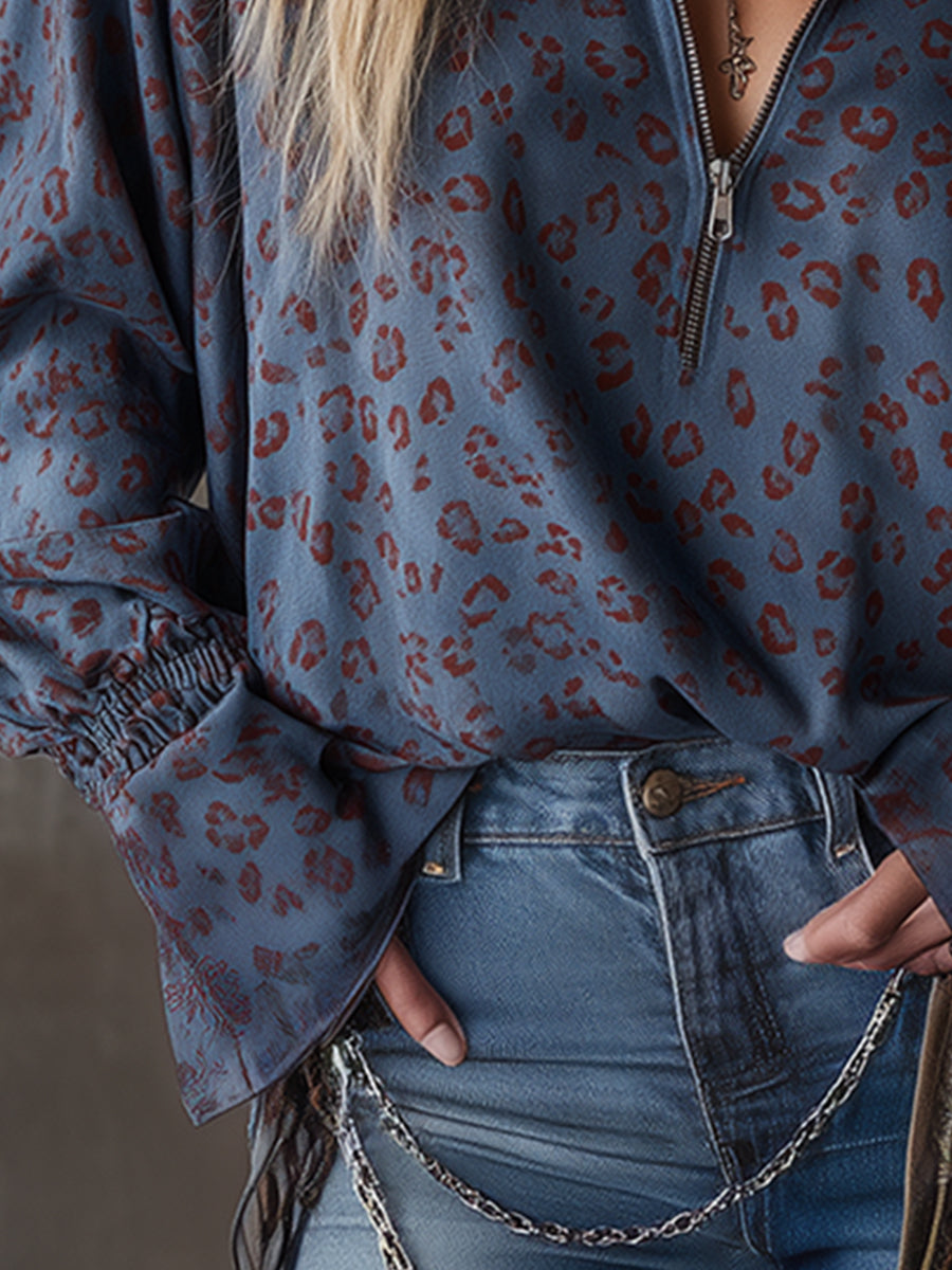 Almut - Bluse lässig Western aus Kunstwildleder Leopardenmuster mit Kragen