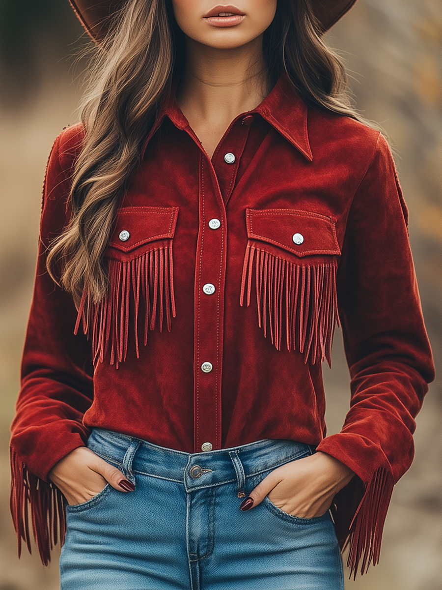 Lenya - Bluse Western im Retro-Stil aus Kunstwildleder mit Fransen und Kragen