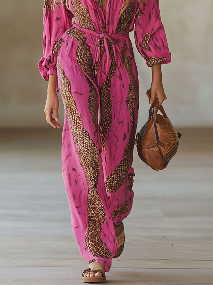 Katharina - Overall lässig für besondere Abende aus Chiffon Leopardenmuster mit V-Ausschnitt