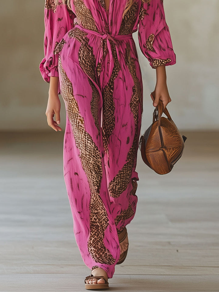 Katharina - Overall lässig für besondere Abende aus Chiffon Leopardenmuster mit V-Ausschnitt