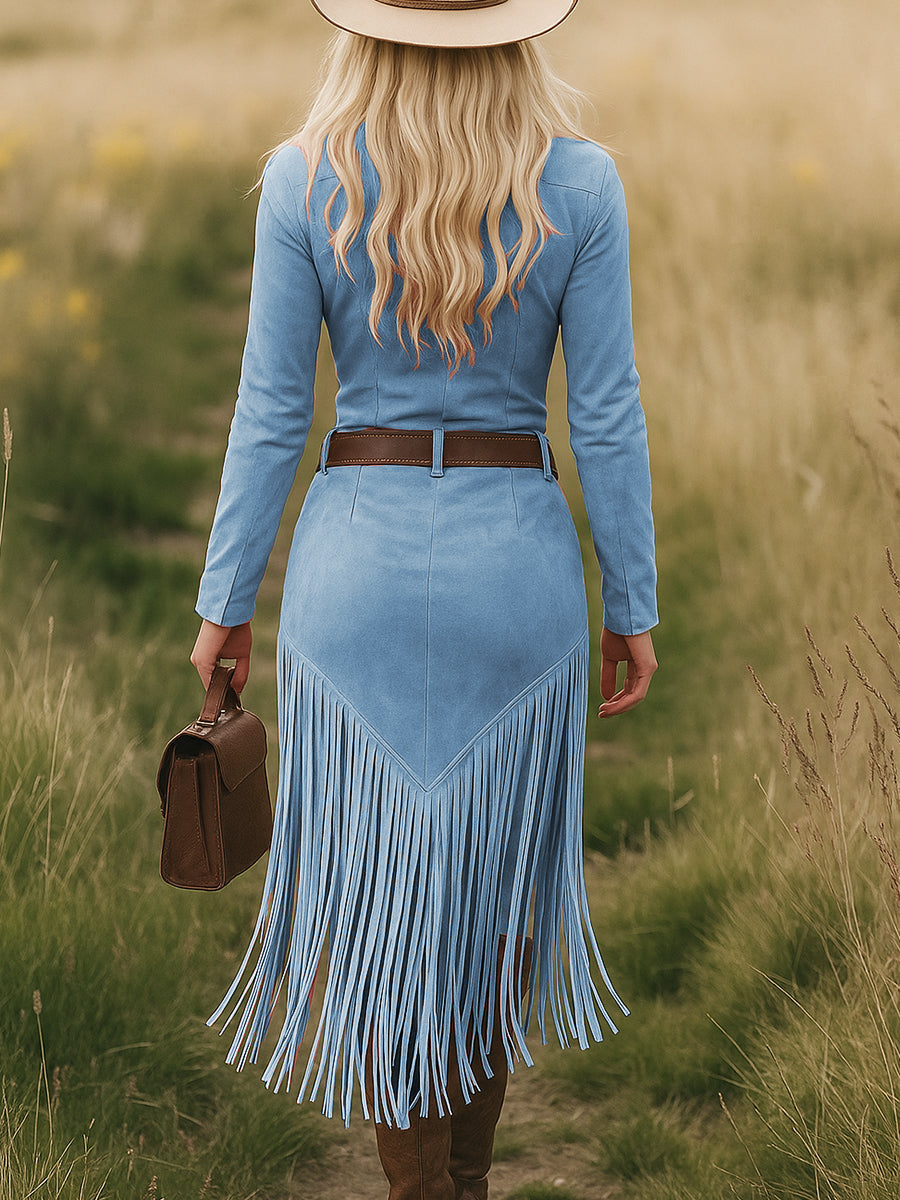 Mirella - Midikleid Western im Retro-Stil aus Kunstwildleder mit Reißverschluss und Fransen