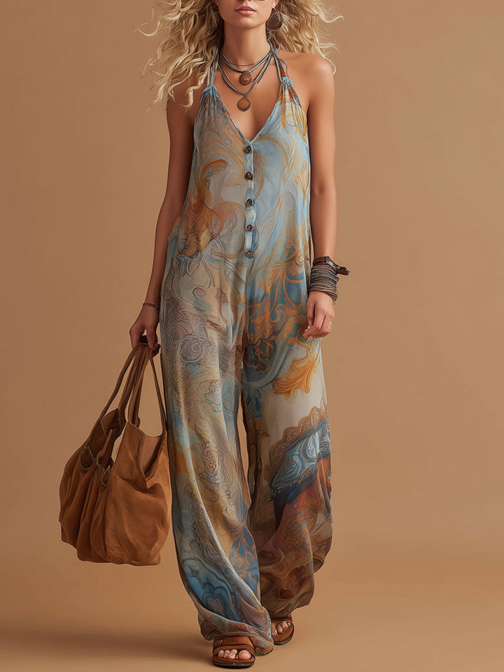 Aurelia - Overall Western im Retro-Stil aus Chiffon abstrakt mit V-Ausschnitt und ärmellosem Schnitt