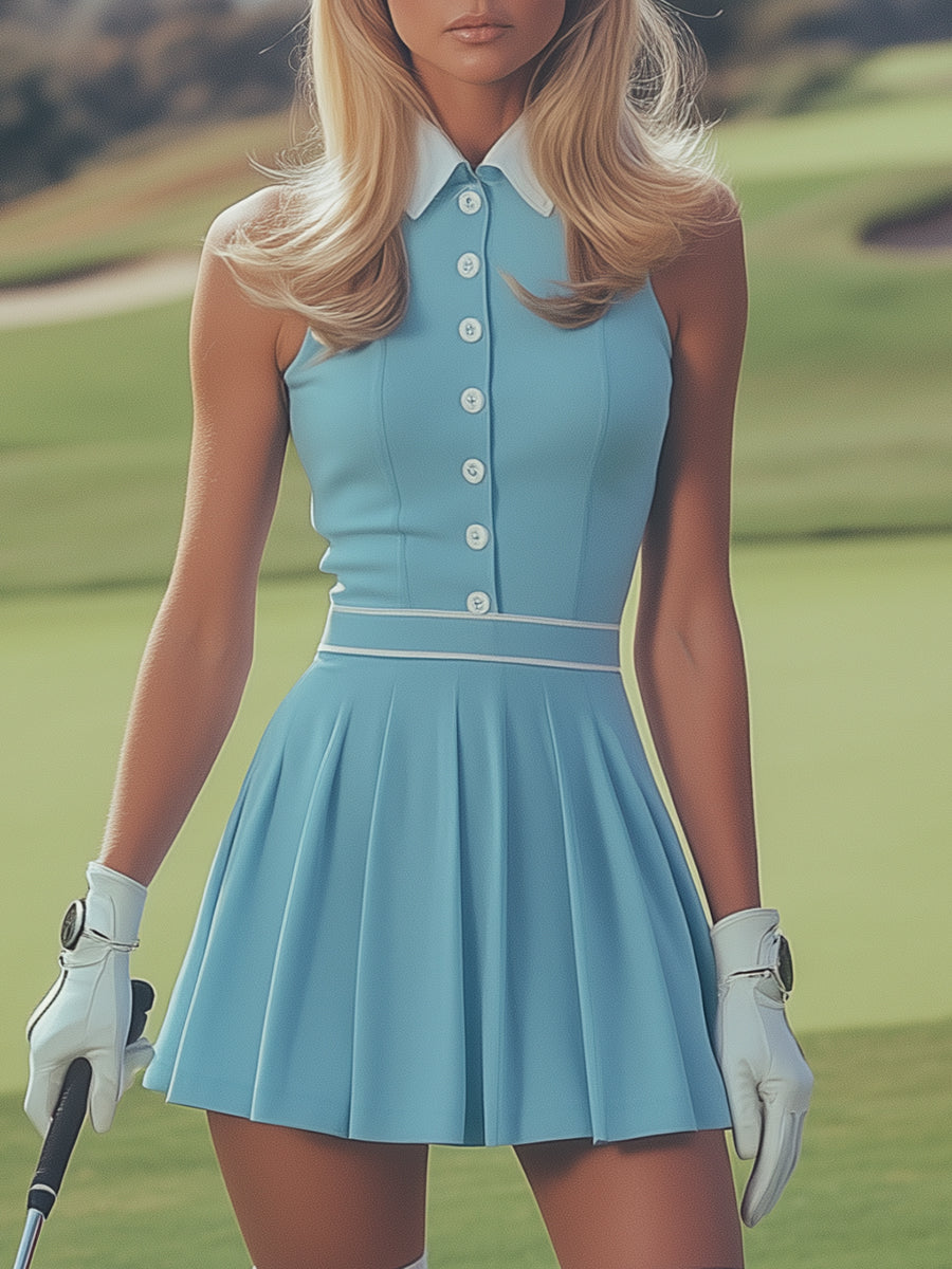 Tara - Elegantes Minikleid sportlich aus technischem Gewebe gestreift mit Kragen und Knöpfen ärmellos