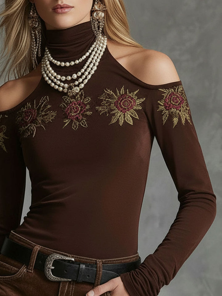 Marion - Bluse Western für den Alltag aus Leinen Blumenmuster schulterfrei bestickt