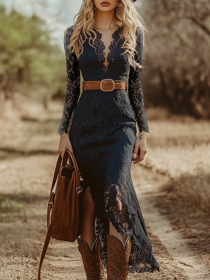 Telse - Midikleid Western im Retro-Stil aus Spitze mit V-Ausschnitt und Einsätze aus Spitze