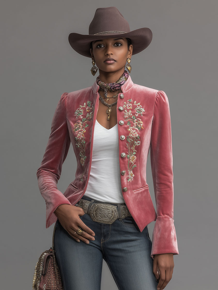 Vera - Jacke Western für den Urlaub aus Samt Blumenmuster mit Kragen bestickt