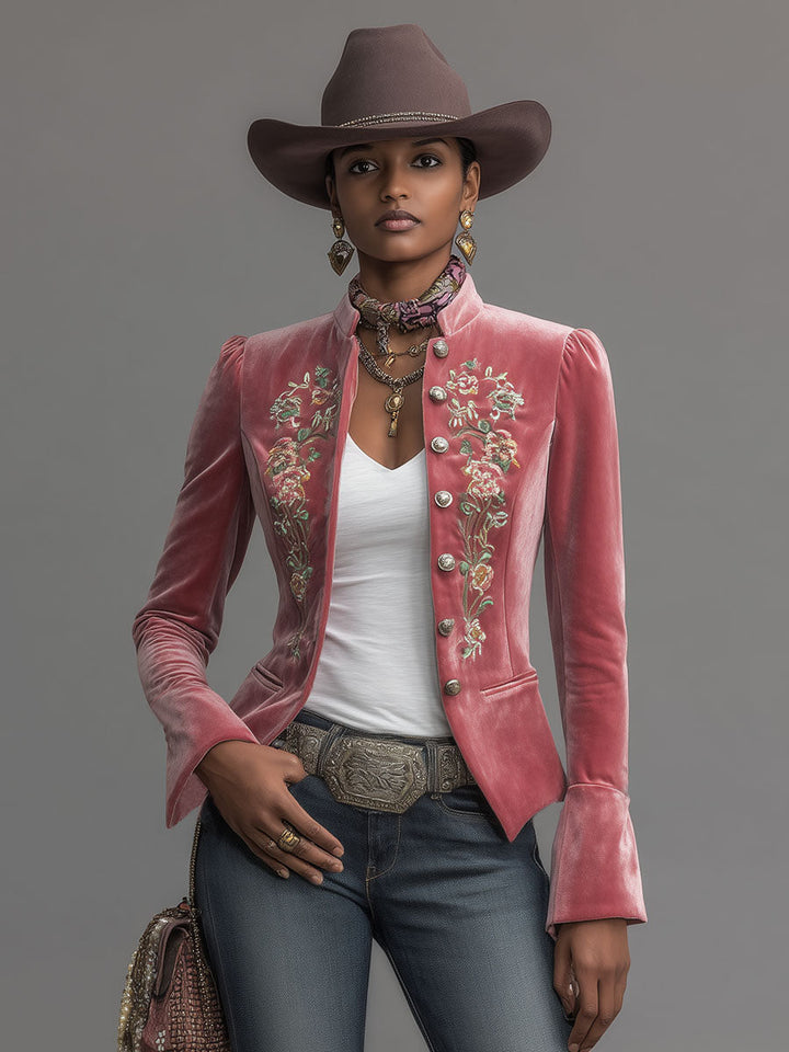 Vera - Jacke Western für den Urlaub aus Samt Blumenmuster mit Kragen bestickt