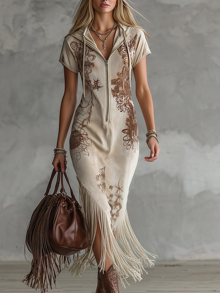 Liesa - Elegantes Maxikleid Retro aus Kunstwildleder Blumenmuster mit Fransen und V-Ausschnitt