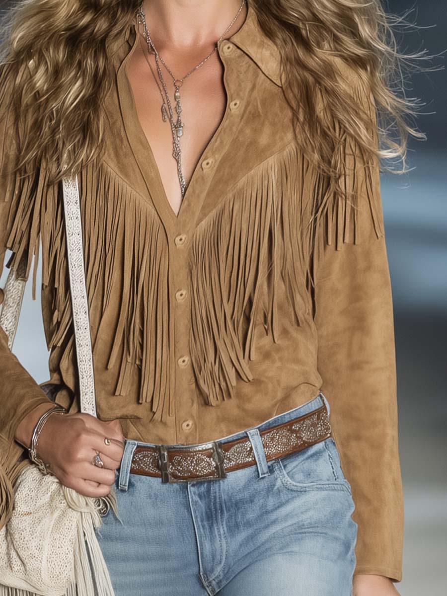 Solveig - Bluse lässig Retro aus Kunstwildleder mit Fransen und V-Ausschnitt