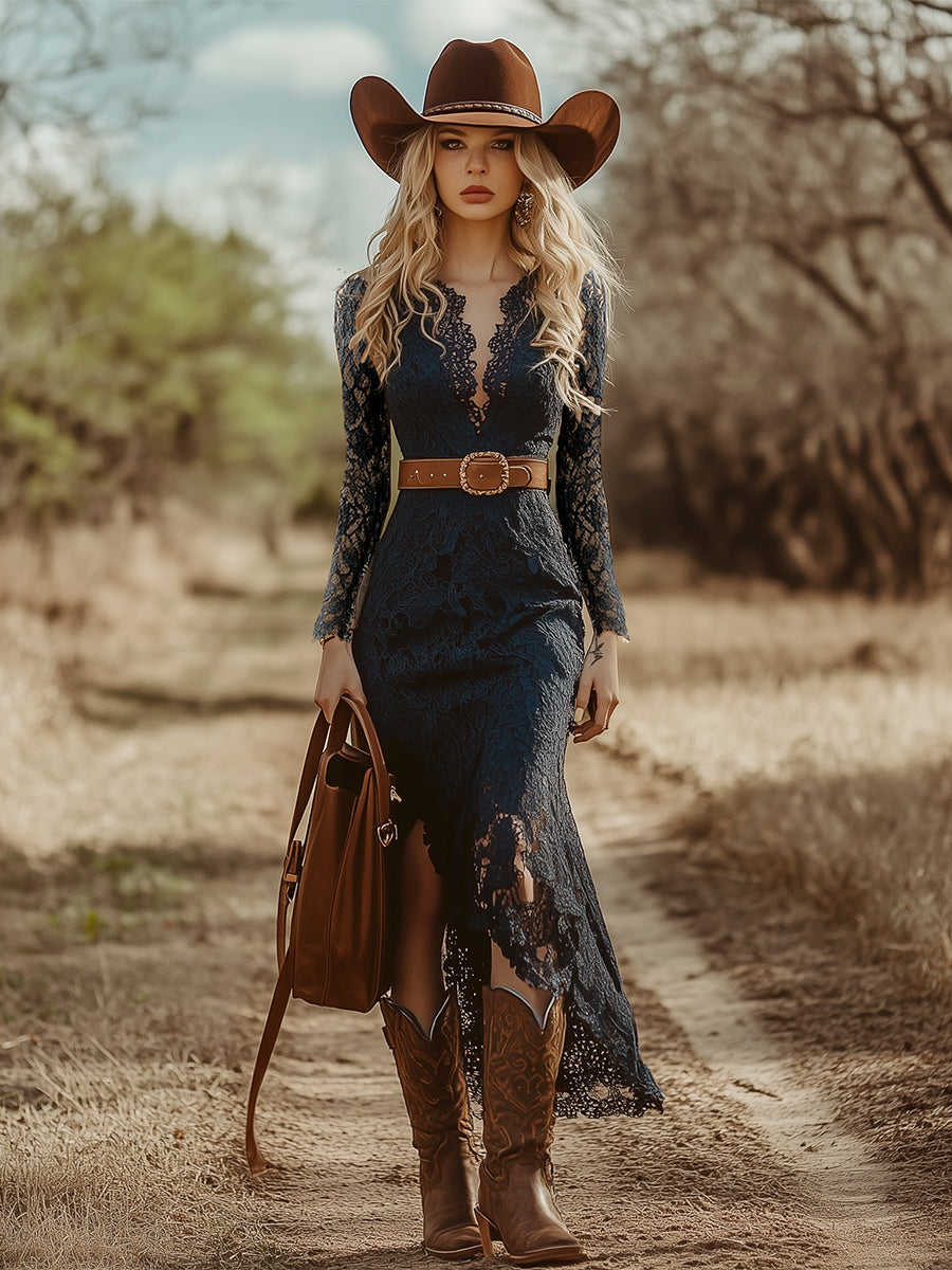 Telse - Midikleid Western im Retro-Stil aus Spitze mit V-Ausschnitt und Einsätze aus Spitze