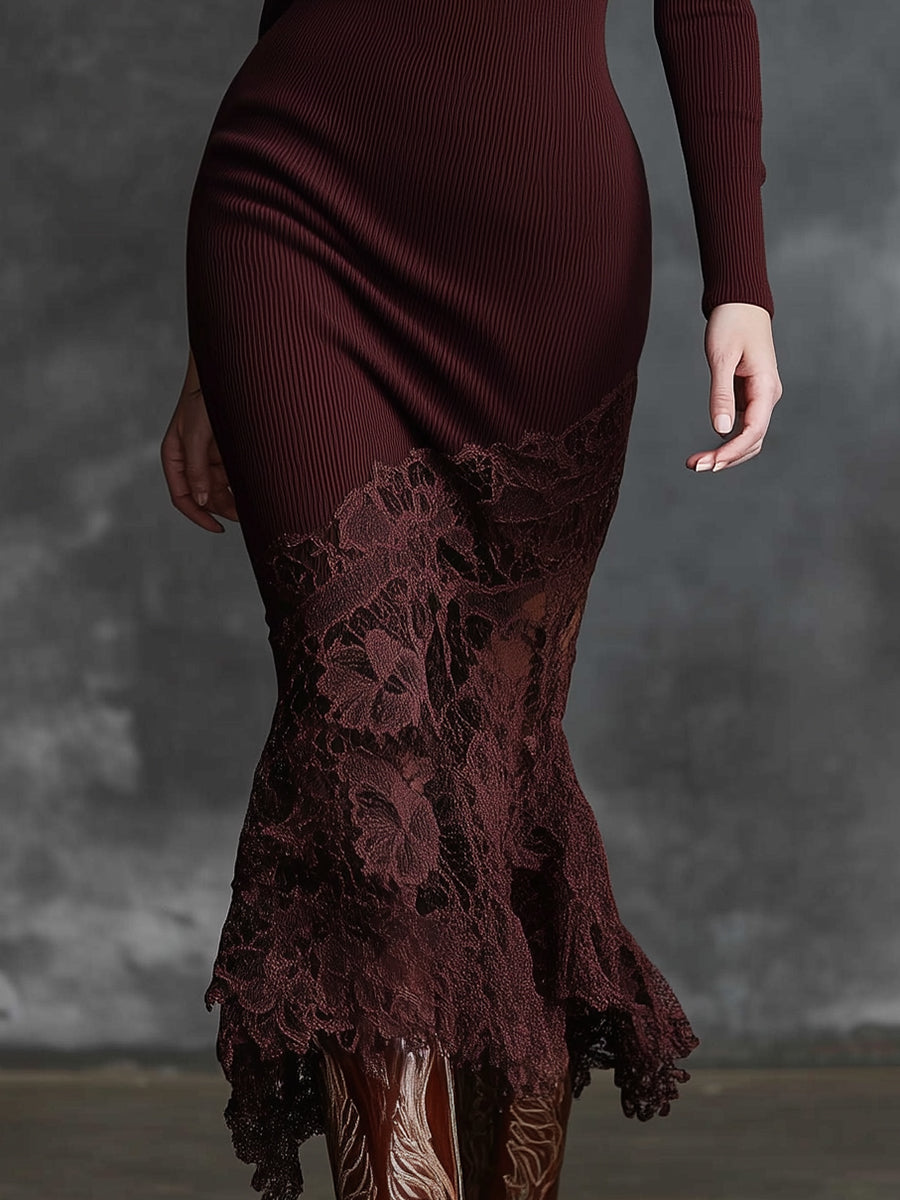 Edeltraud - Elegantes Maxikleid Western aus Strick mit Einsätzen aus Spitze