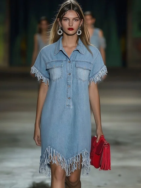 Verena - Minikleid lässig Retro aus Jeansstoff mit Fransen und V-Ausschnitt