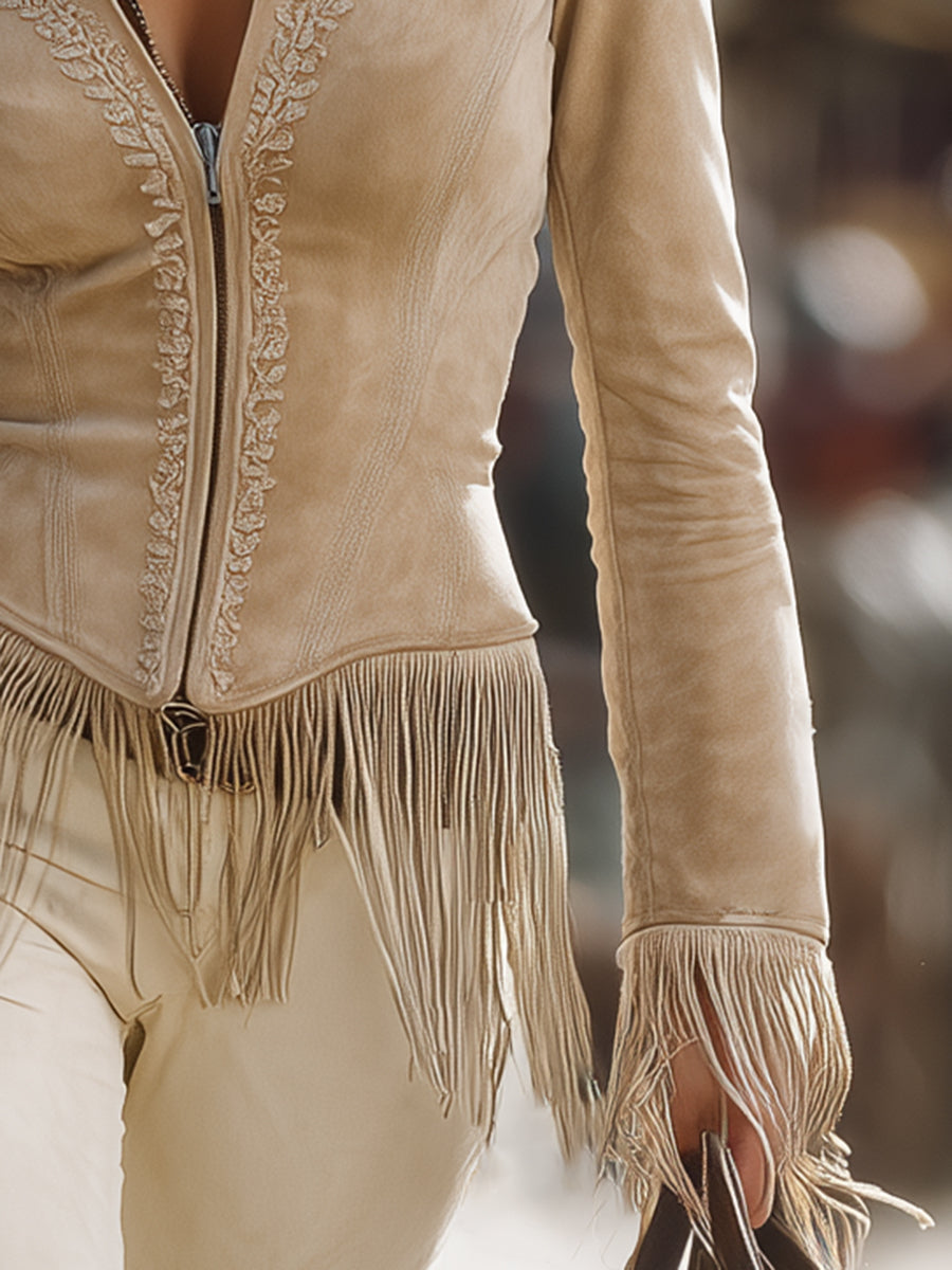 Karla - Jacke lässig Retro aus Spitze mit Fransen und V-Ausschnitt