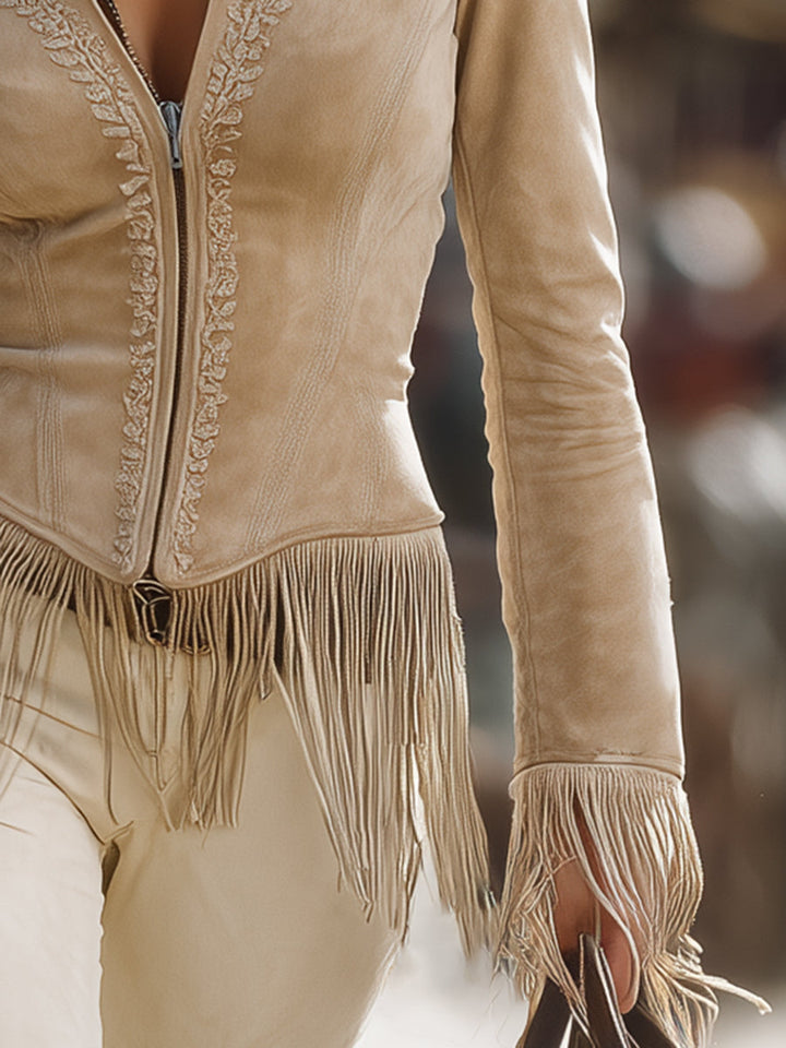 Karla - Jacke lässig Retro aus Spitze mit Fransen und V-Ausschnitt
