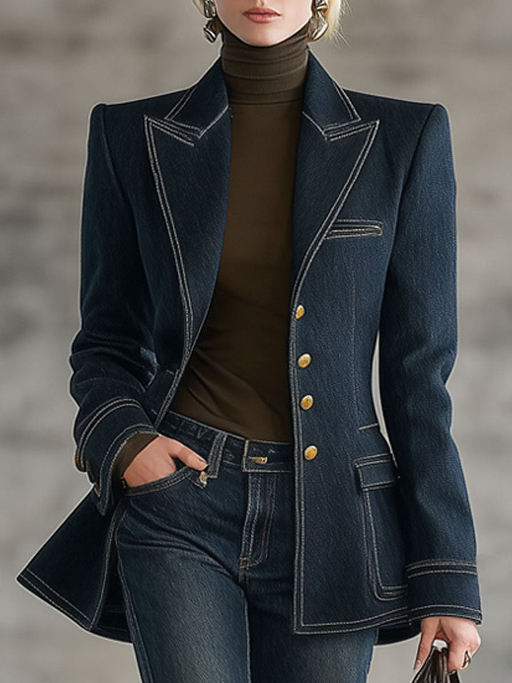 Daniela - Jacke Western im Retro-Stil aus Jeansstoff gestreift mit V-Ausschnitt