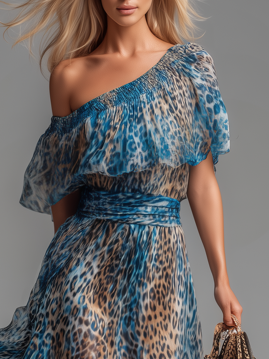 Ulrike - Elegantes Maxikleid für den Urlaub aus Chiffon Leopardenmuster schulterfrei