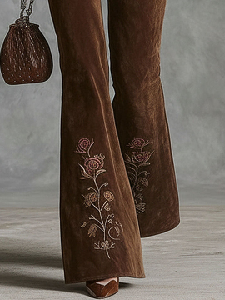 Agnes - Hose Western für den Urlaub aus Kunstwildleder Blumenmuster mit Taschen und Stickerei
