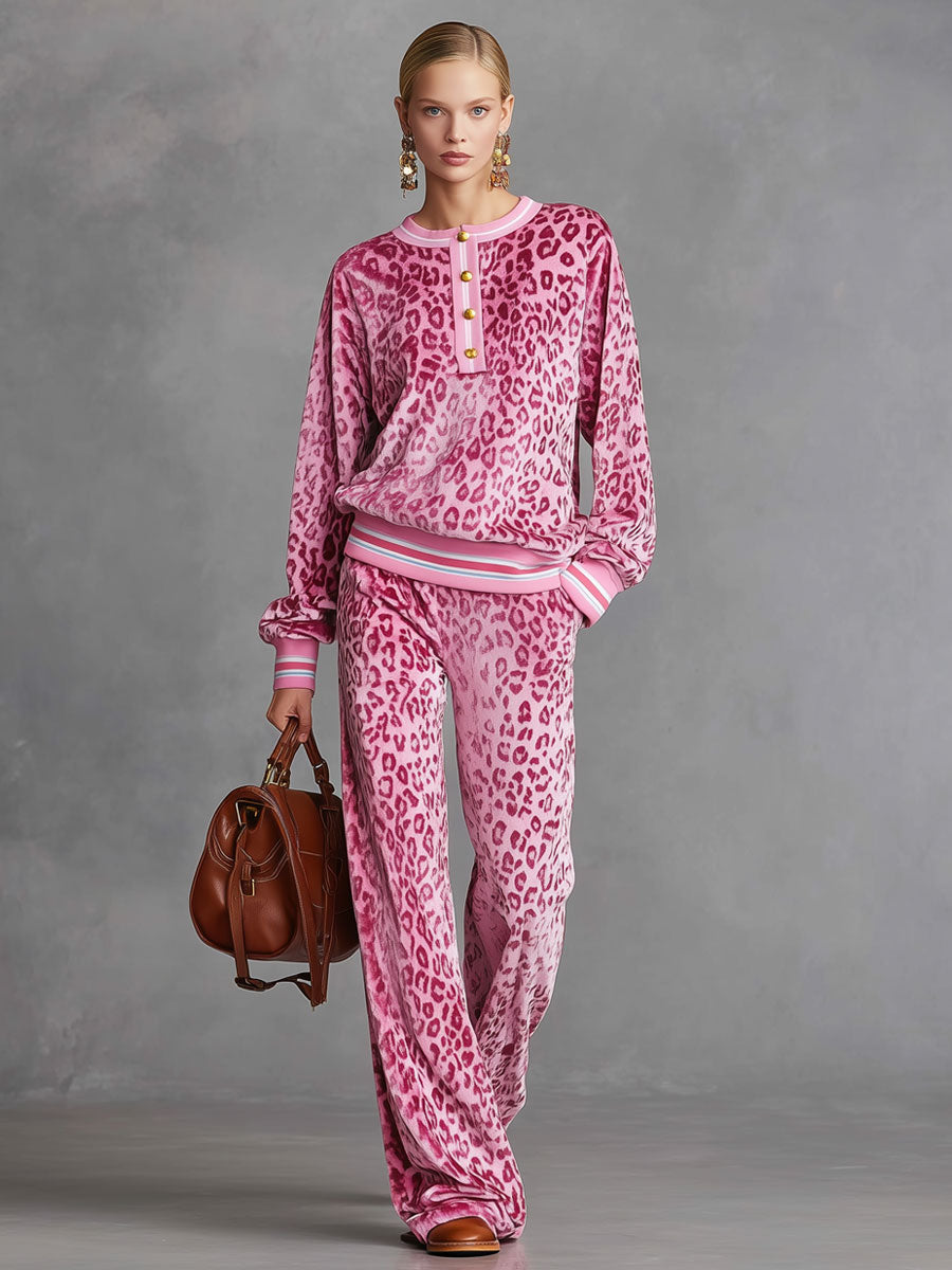 Fenna - Lässiges Hosen-Ensemble Retro aus Samt Leopardenmuster