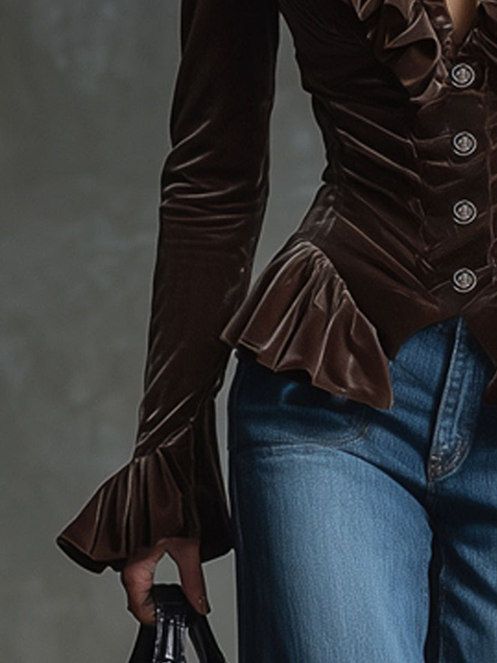 Hannelie - Bluse Western im Retro-Stil aus Samt mit Volants und V-Ausschnitt
